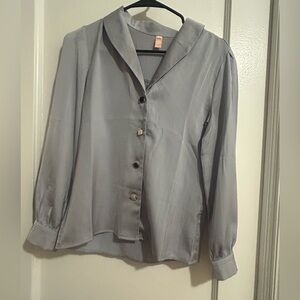 Silky Silver Button-Down Blouse with unique details
